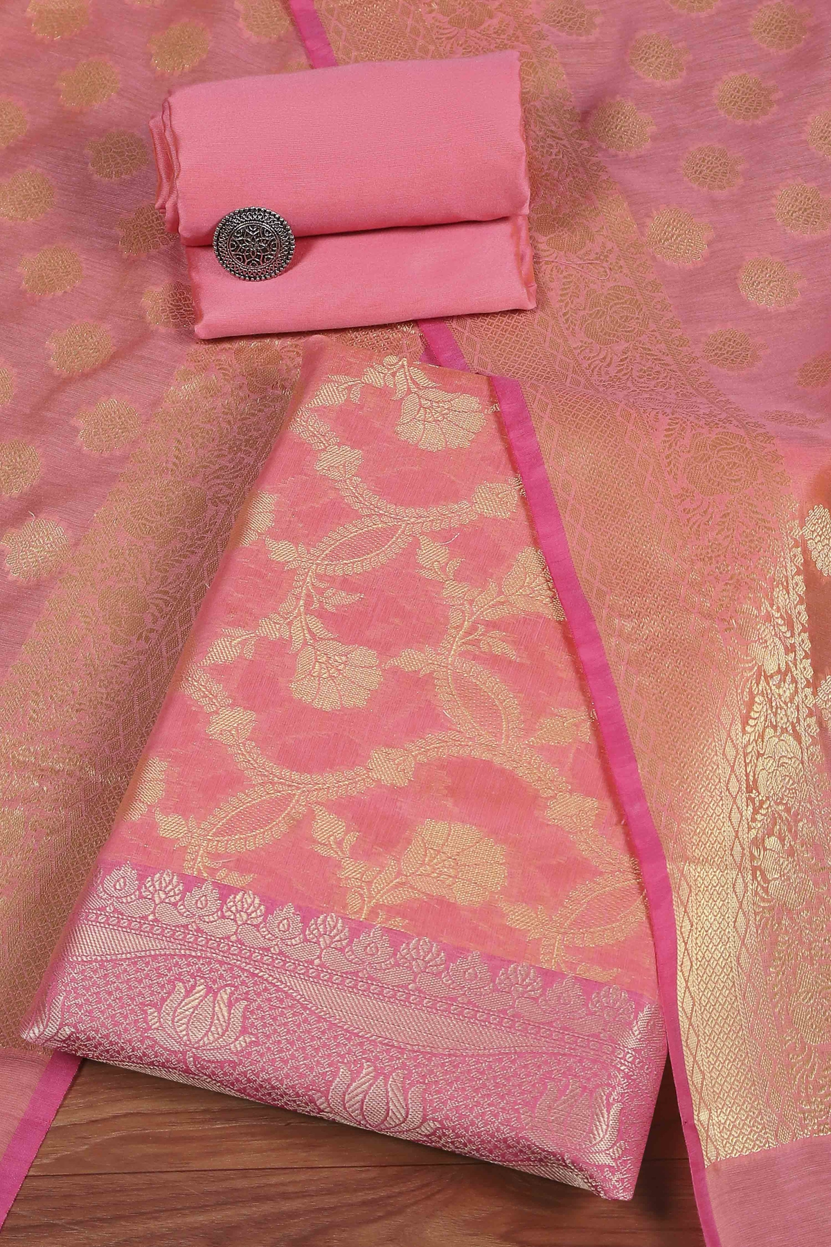 Pink Cotton Printed Embroidered Unstitched Suit Set