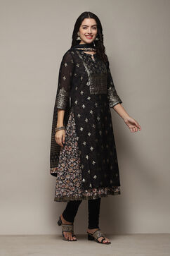 Black Poly Modal Layered Printed Kurta Churidar Suit Set image number 6