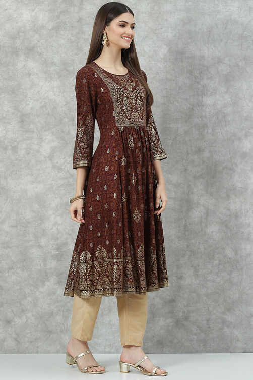 Brown Rayon A-Line Printed Kurta image number 3