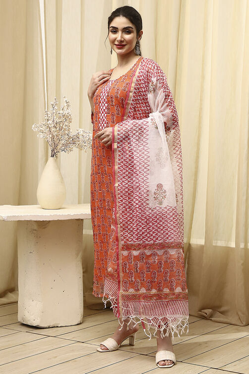 Yellow Cotton Hand Block Print Unstitched Suit Set image number 4