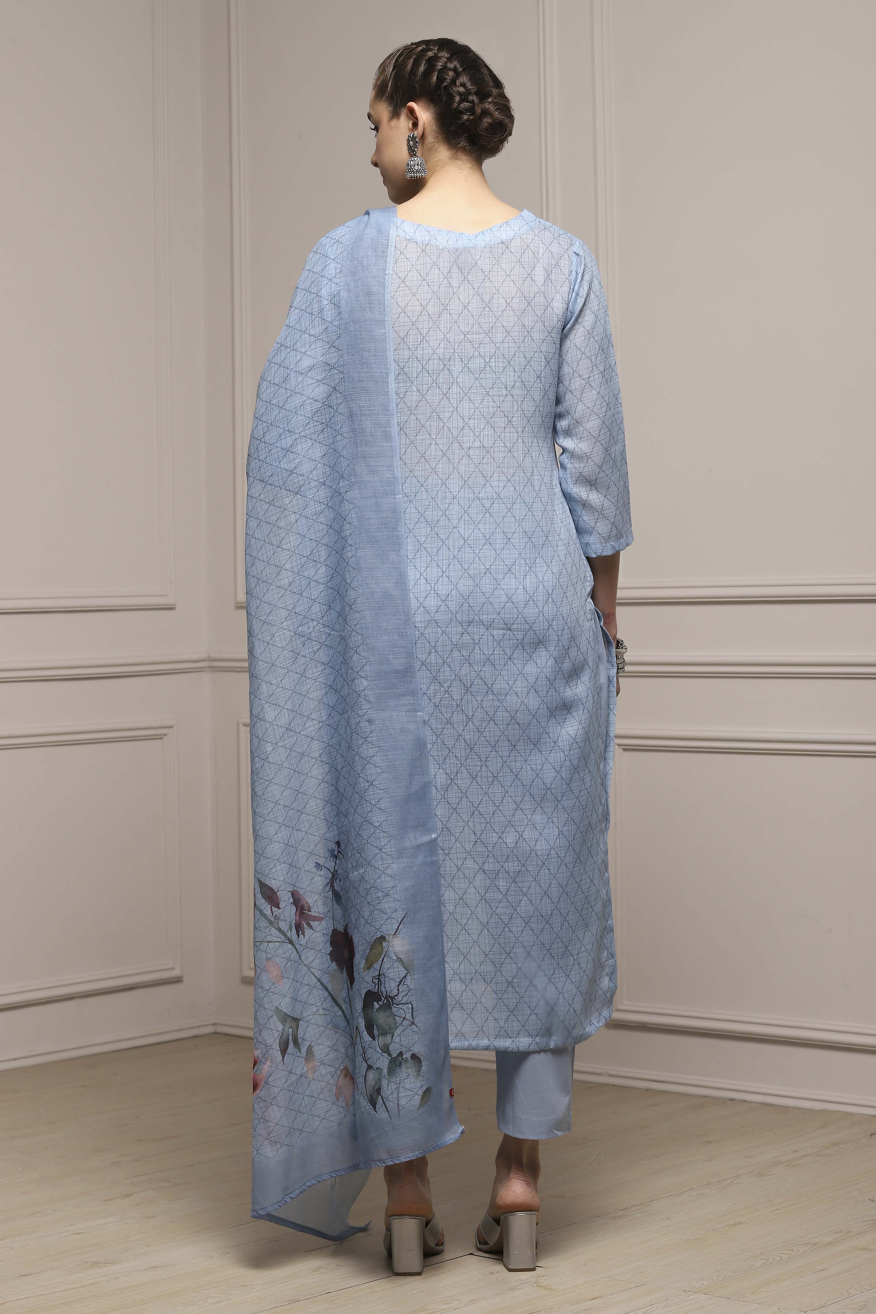 Blue Cotton Blend Hand Embroidered Unstitched Suit Set image number 5