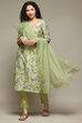 Green Cotton Blend Straight Kurta Pant Suit Set