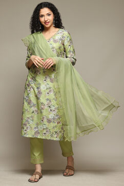 Green Cotton Blend Straight Kurta Pant Suit Set image number 0