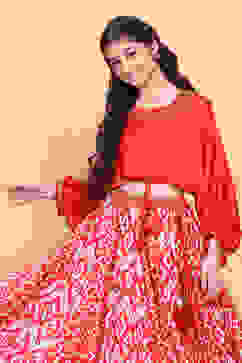 Red Printed Fusion Flared Lehenga Set image number 7