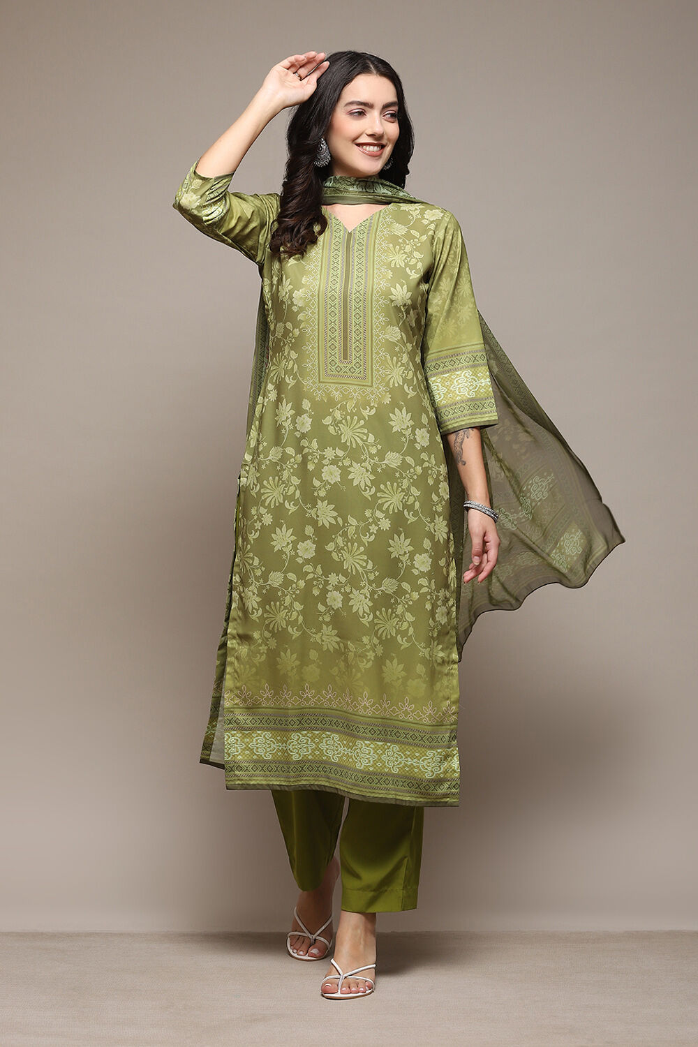 Olive Green Silk Blend Digital Print Unstitched Suit Set image number 8