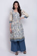 Cream And Indigo Art Silk Straight Kurta Flared Palazzo Suit Set image number 2