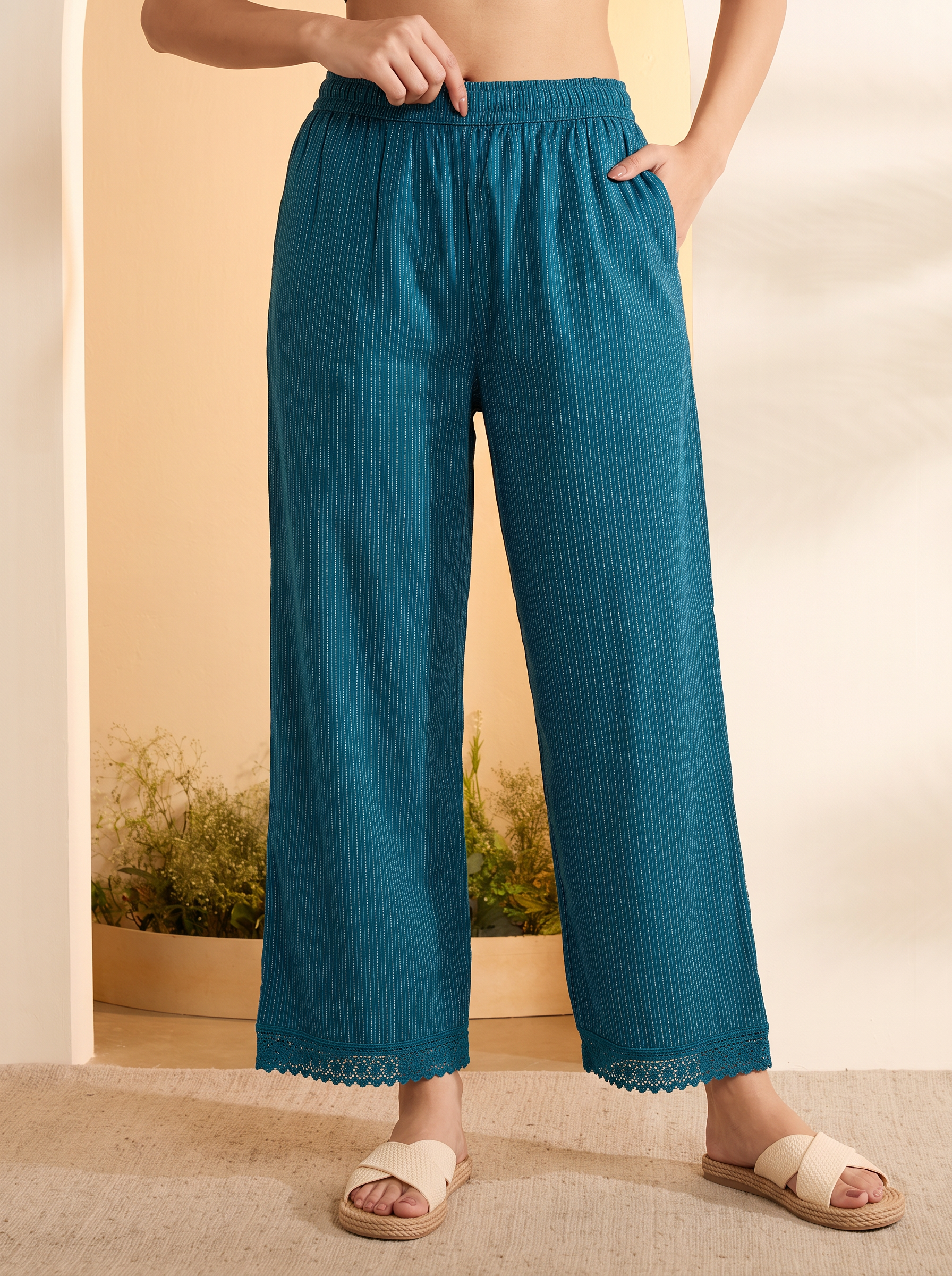 Teal Textured Straight Cotton Palazzo image number 5