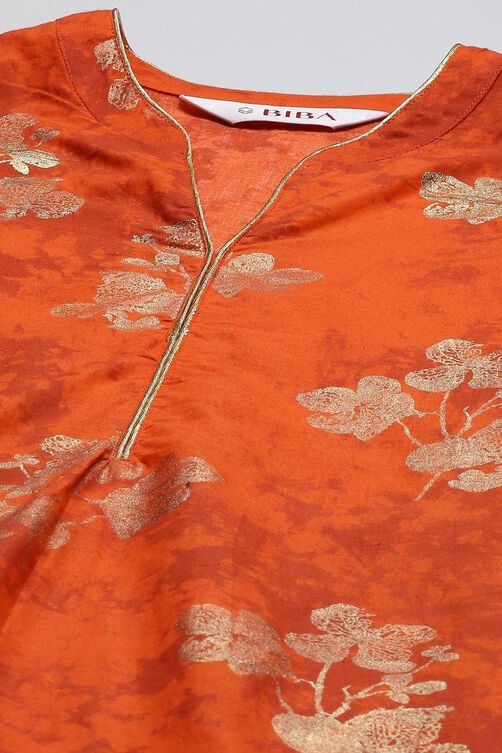 Saffron Printed Cotton Straight Kurta Palazzo Suit Set image number 1
