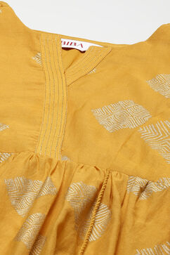 Golden Yellow Cotton Blend Tiered Printed Dress image number 1