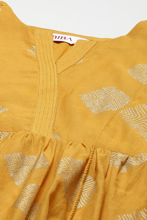 Golden Yellow Cotton Blend Tiered Printed Dress image number 1