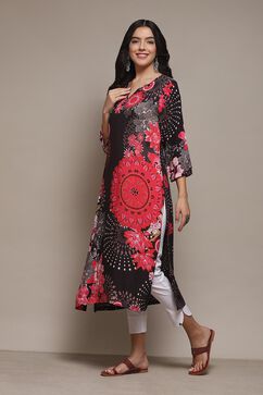 Black LIVA Straight Printed Kurta image number 2