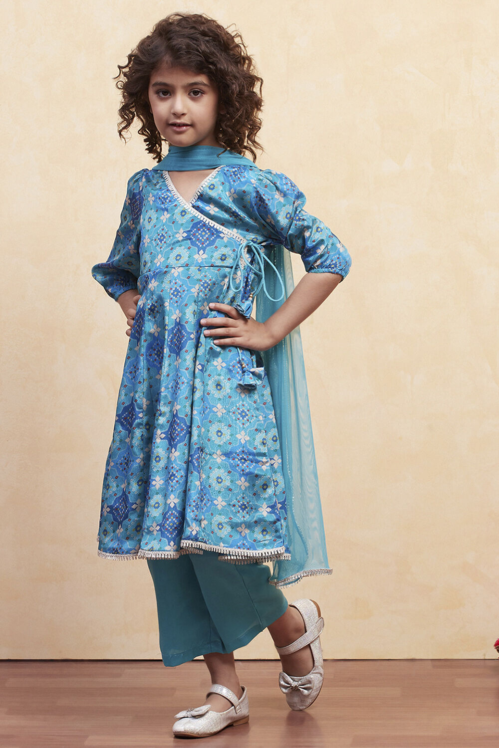 Turquoise Angrakha Printed Flared Suit Set image number 3
