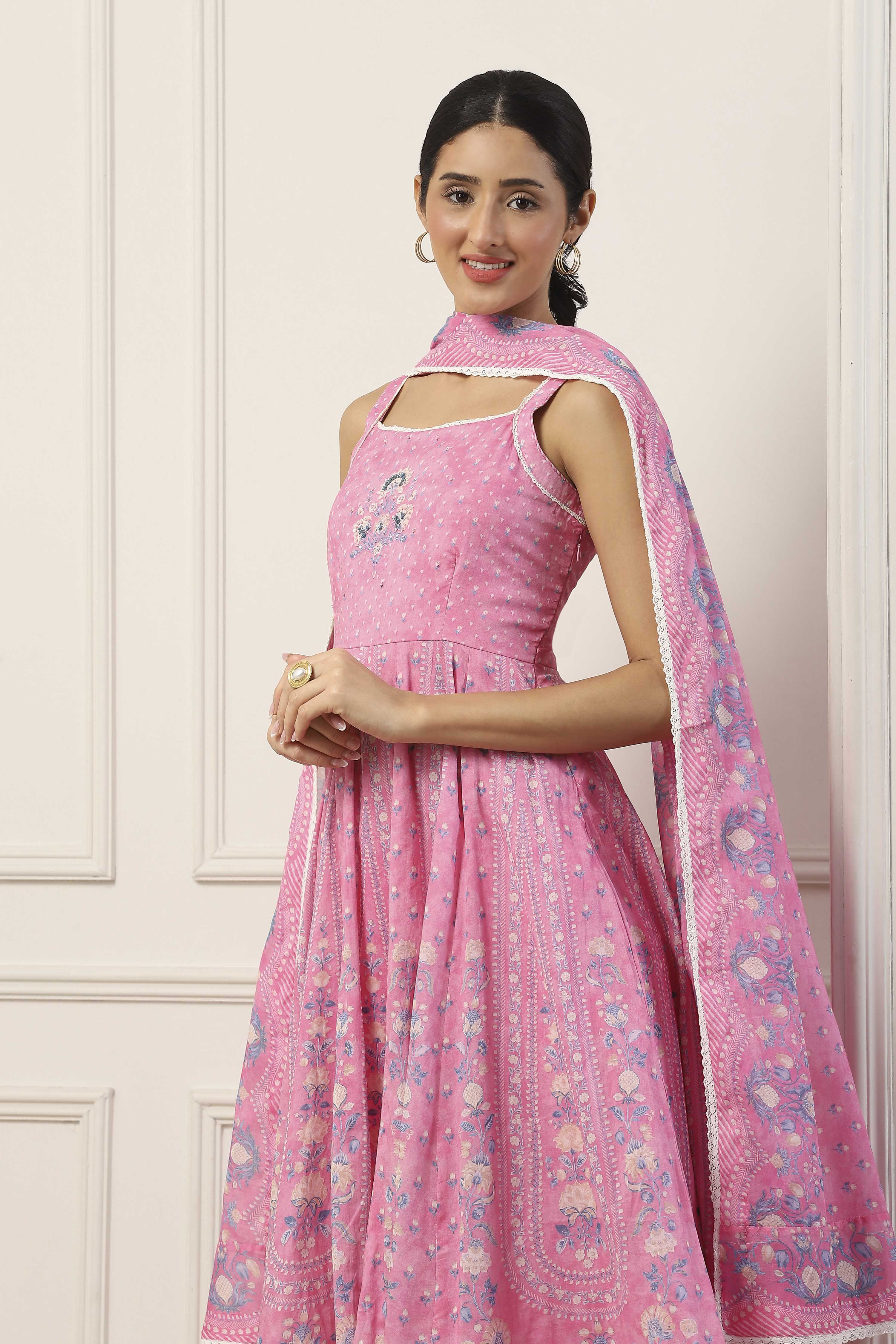 Pink Cotton Floral Printed Kalidar Suit Set image number 7