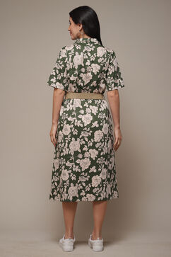 Forest Green Cotton Straight Printed Dress image number 2