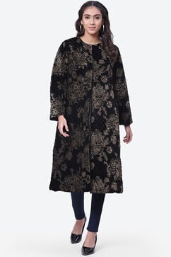 Black Straight Floral Printed Velvet Coat image number 0