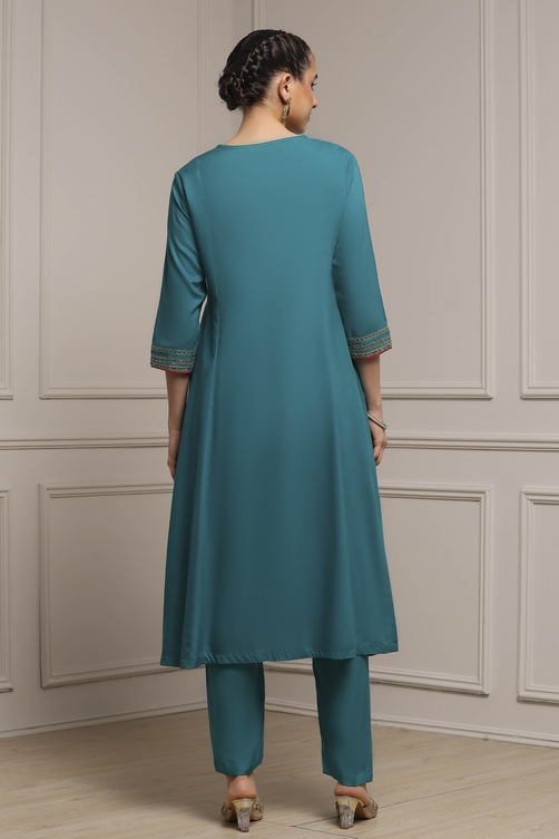 Teal Green Solid Kalidar Suit Set image number 4