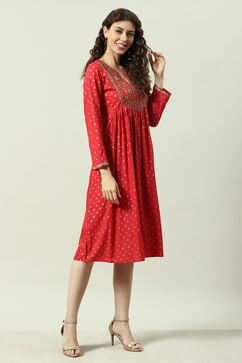 Red Rayon Flared Printed Kurta Dress image number 3