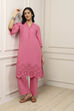 Pink Cotton Solid Floral Cutwork Straight Suit Set image number 0