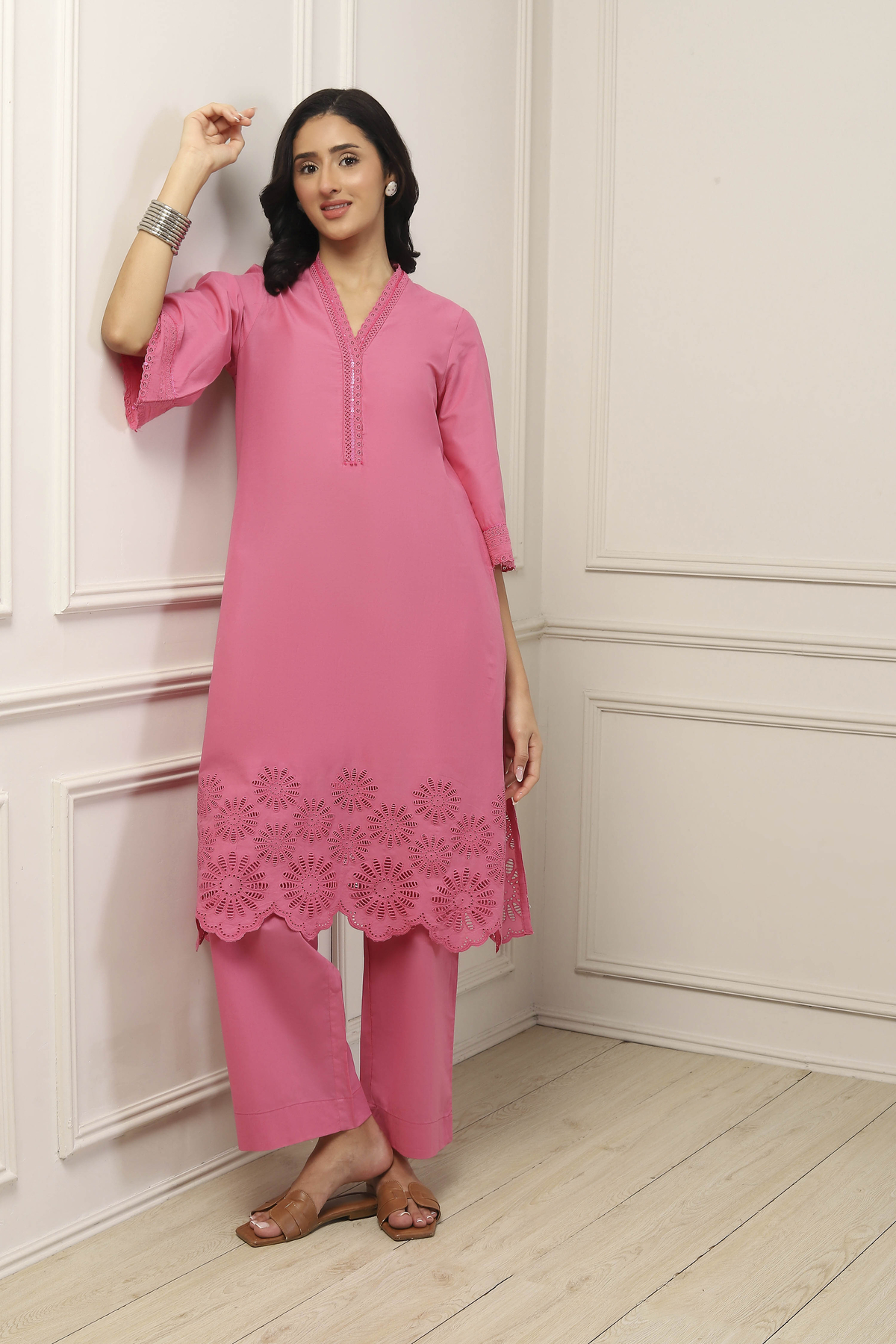 Pink Cotton Straight Suit Set
