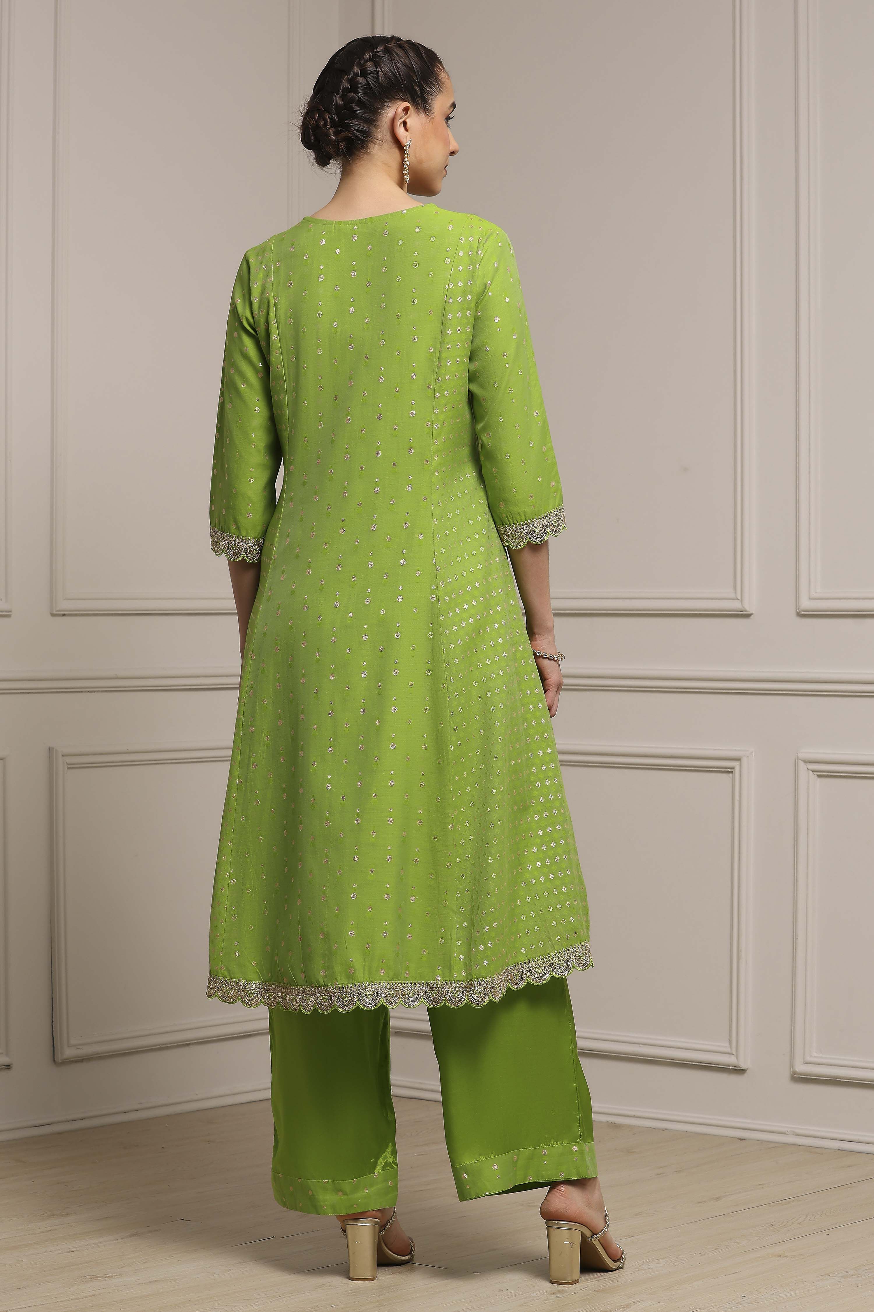 Lime Green Cotton A-Line Yarndyed Suit Set image number 4