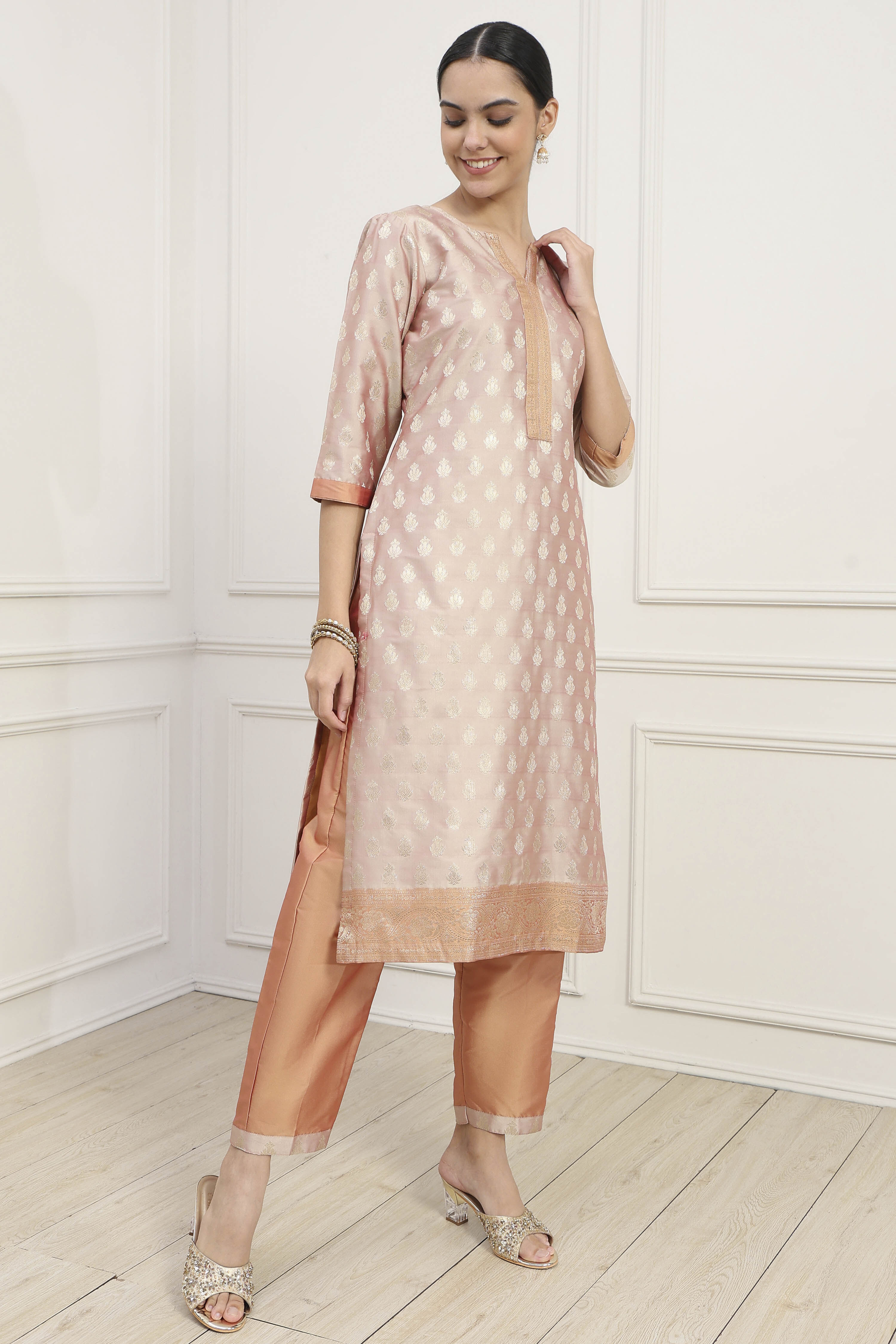 Beige Silk Blend Banarasi Unstitched Suit Set image number 6