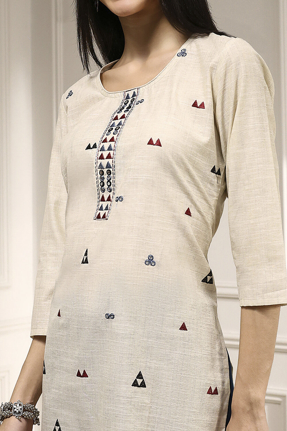 Beige Cotton Handloom Unstitched Suit Set image number 2