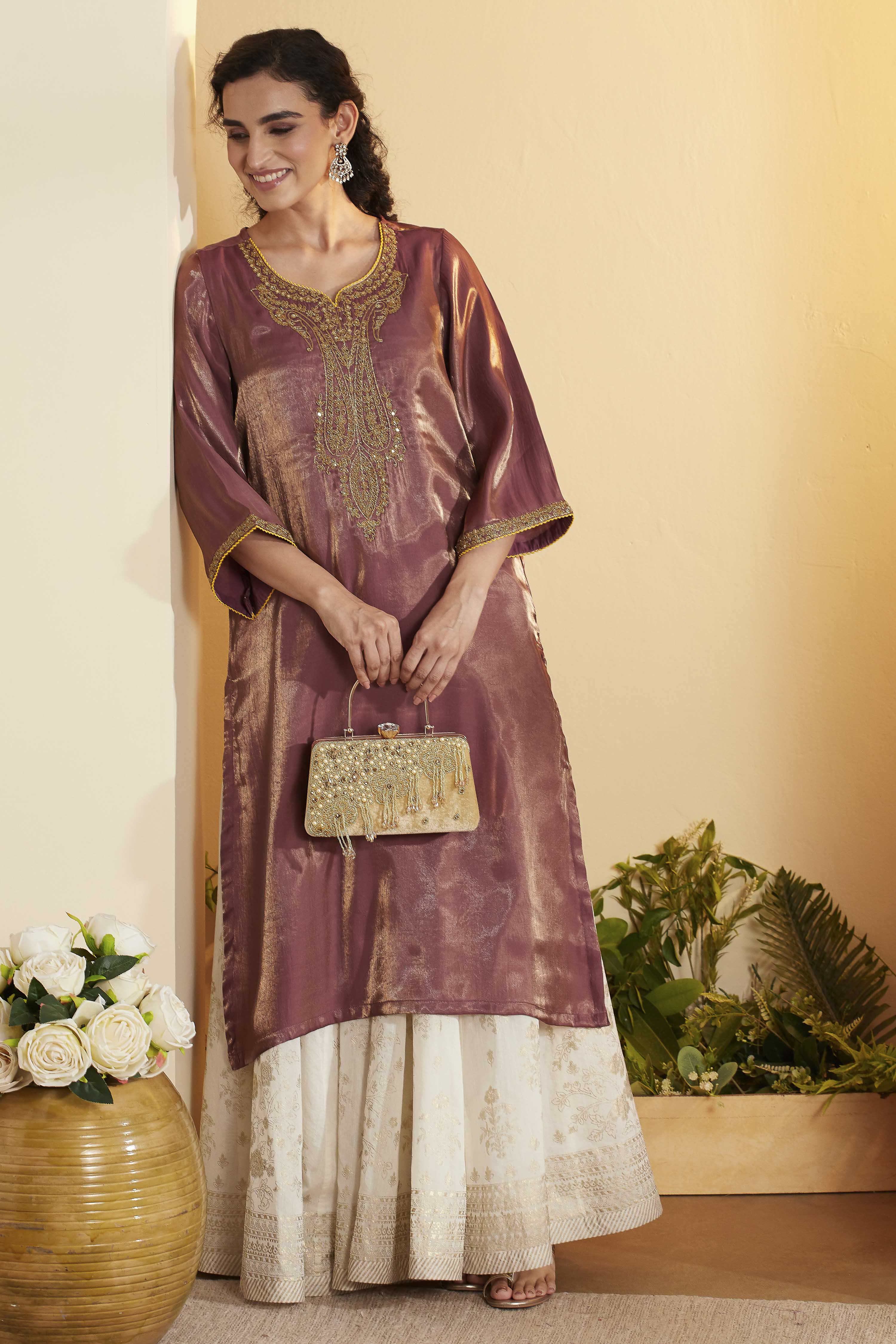 Old Rose Viscose Poly Yoke Design Straight Kurta image number 0