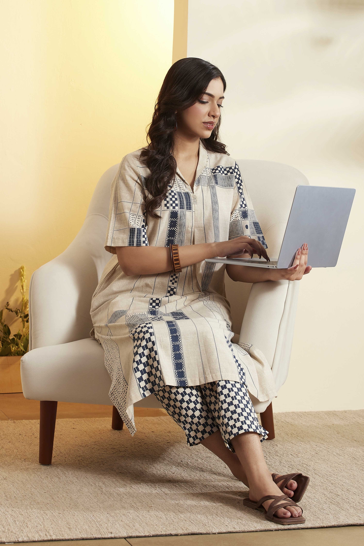 Ecru Cotton A Line Kurta Pants Set