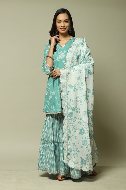 Sea Green Cotton Straight Kurta Garara Suit Set image number 6