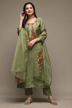 Green Silk Blend Hand Embroidered Unstitched Suit Set image number 7