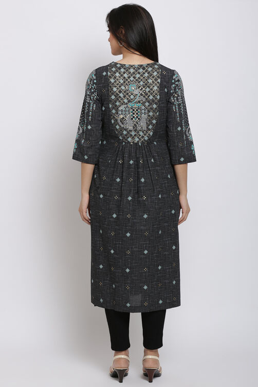 Black Cotton A-Line Printed Kurta image number 5
