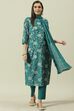 Peacock Green Printed Straight Kurta Regular Pants Suit Set image number 6