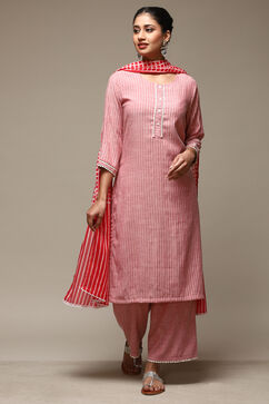 Red Cotton Blend Straight Kurta Palazzo Suit Set image number 7