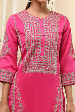 Fuchsia Cotton Silk Straight Suit Set image number 1