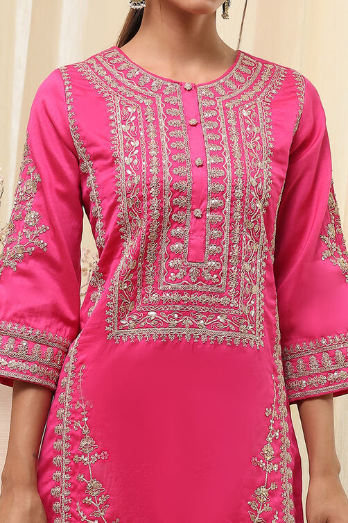 Fuchsia Cotton Silk Straight Suit Set image number 1