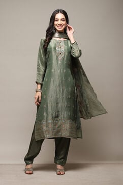 Metalic & Green Banarasi Silk Digital Print Unstitched Suit Set image number 8