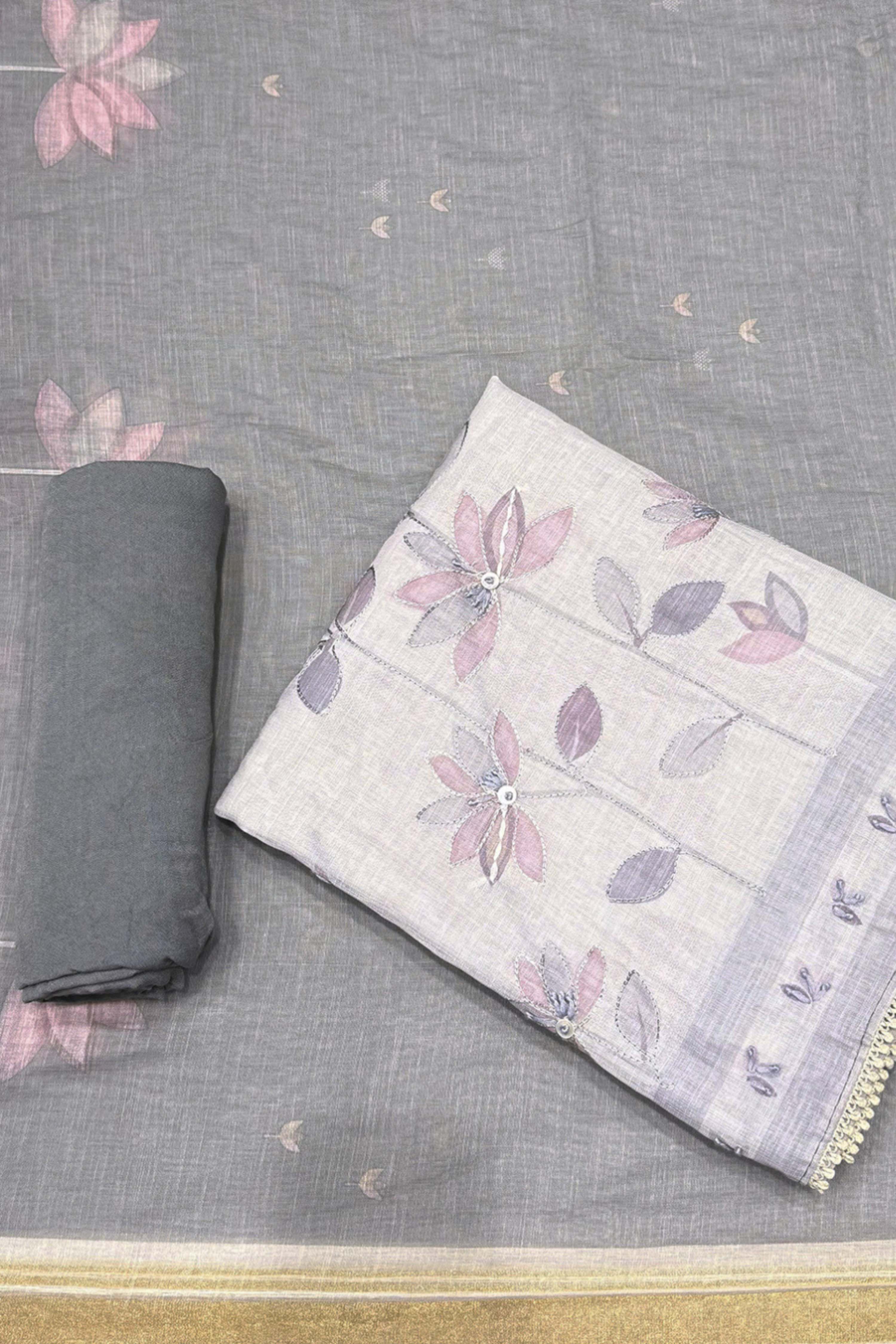 Peach Linen Printed Unstitched Suit Set image number 0