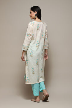 Teal Blue Cotton Hand Embroidered Unstitched Suit Set image number 5