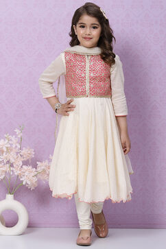 Off White Cotton Anarkali Kurta Churidar Suit Set image number 0