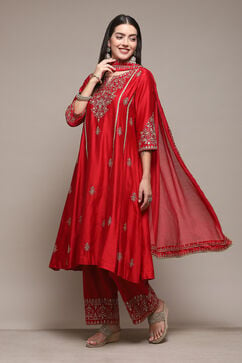 Red Cotton Silk Kalidar Kurta Palazzo Suit Set image number 3