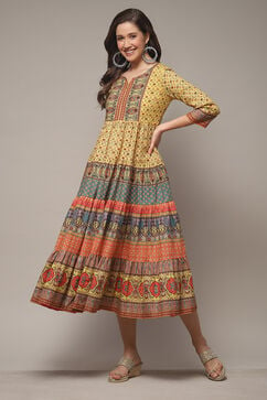 Lemon Yellow Cotton Tiered Printed Dress image number 1