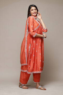 Coral Cotton Blend Gathered Kurta Palazzo Suit Set image number 7