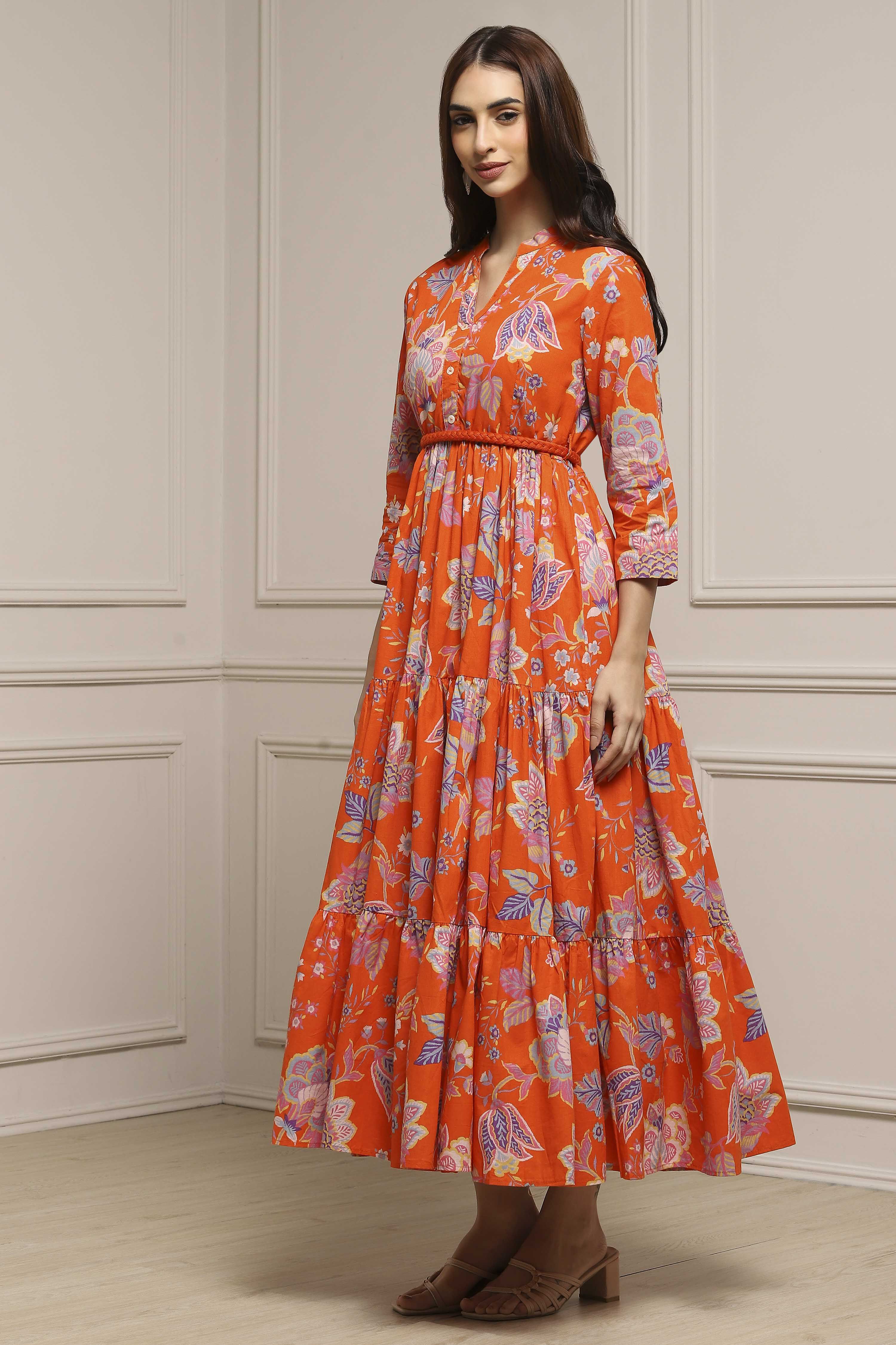 Orange Cotton Floral Tiered Dress image number 2