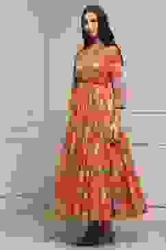 Orange Cotton Floral Tiered Dress image number 2