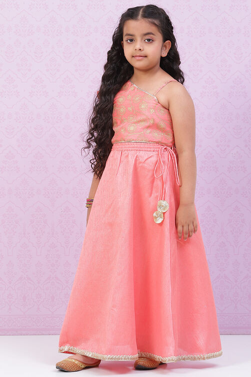 Peach Art Silk Girls Lehenga Set image number 3