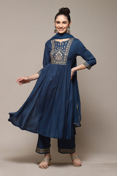 Teal Rayon Gathered Kurta Palazzo Suit Set image number 7