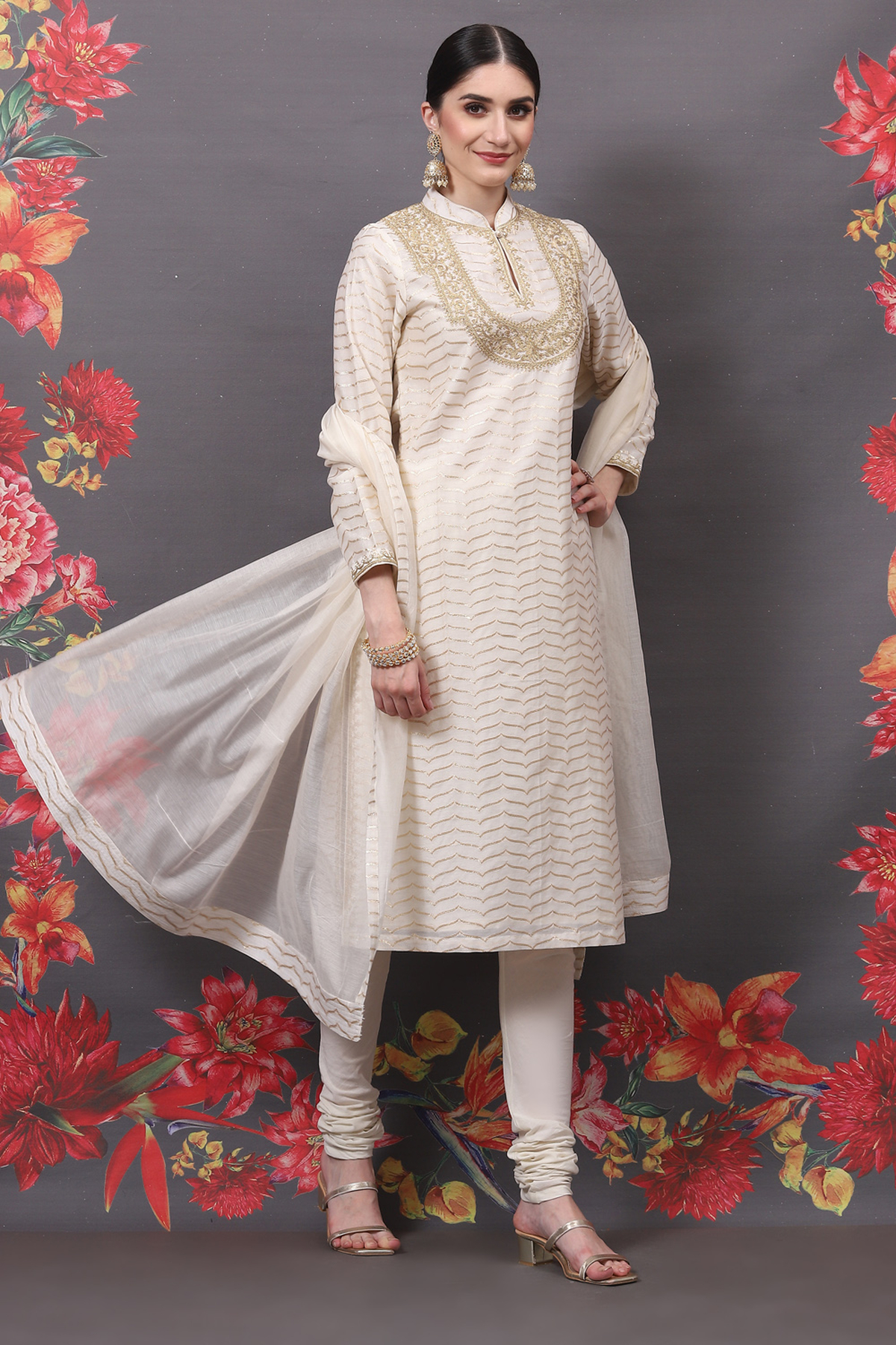 Cream Cotton Silk Straight Yarndyed Suit Set