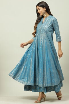Blue Cotton Flared Fusion Printed Kurta Dress image number 2