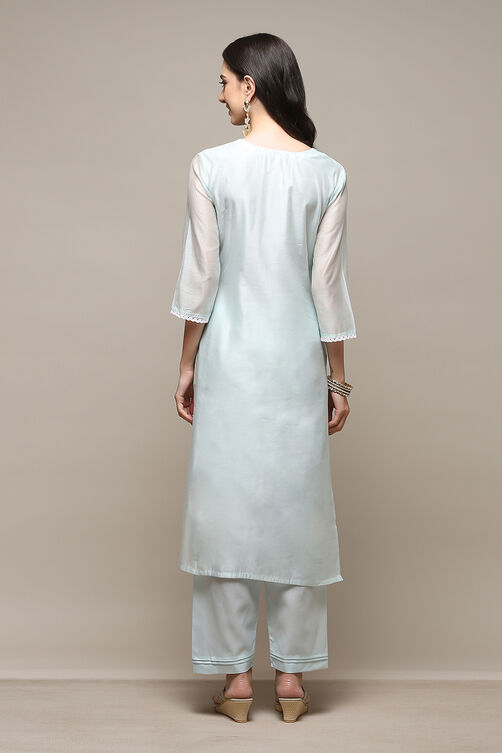 Sky Blue Chanderi Blend Machine Embroidered Unstitched Suit Set image number 5