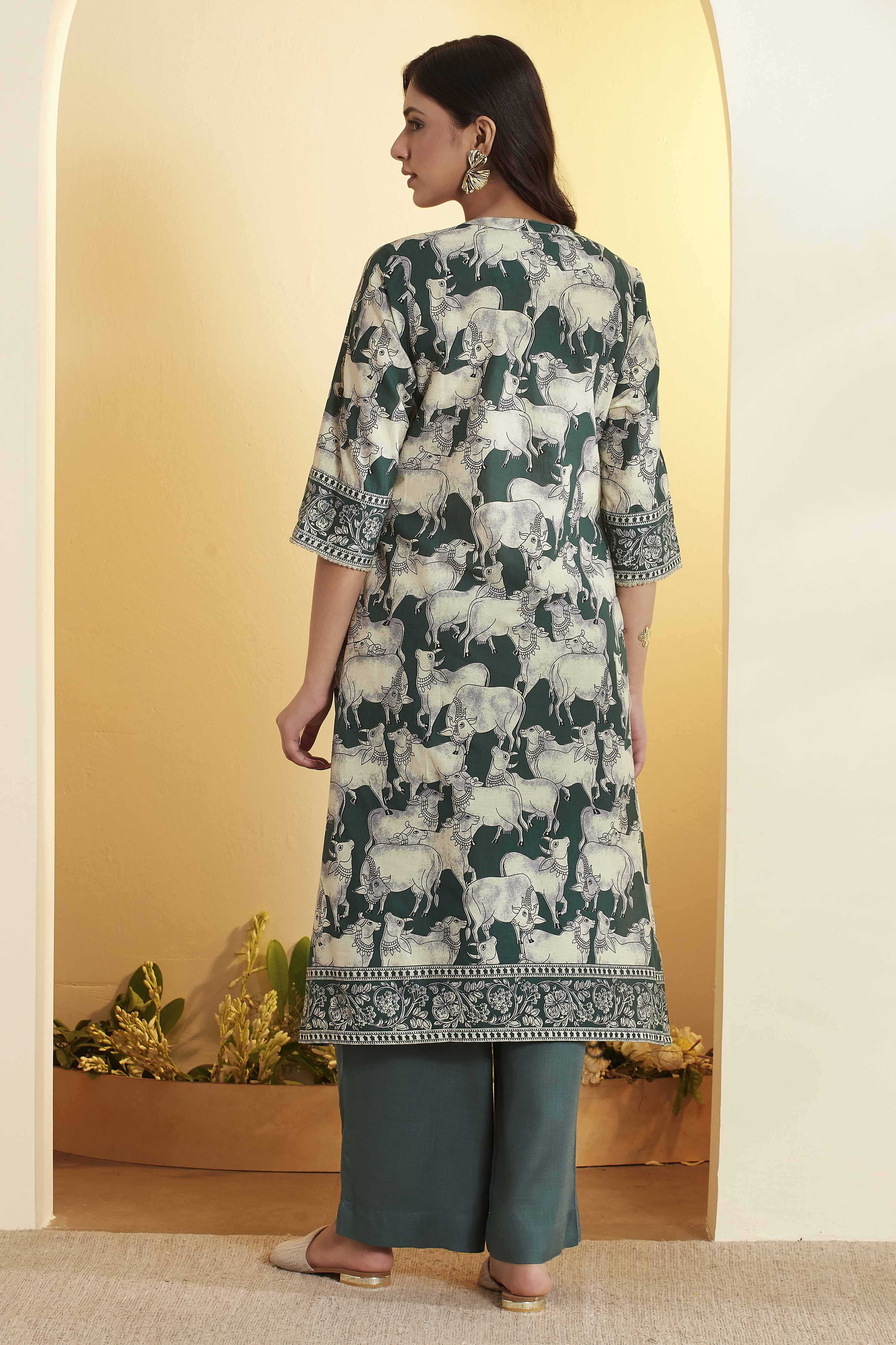 Green Cotton A-Line Kurta image number 4